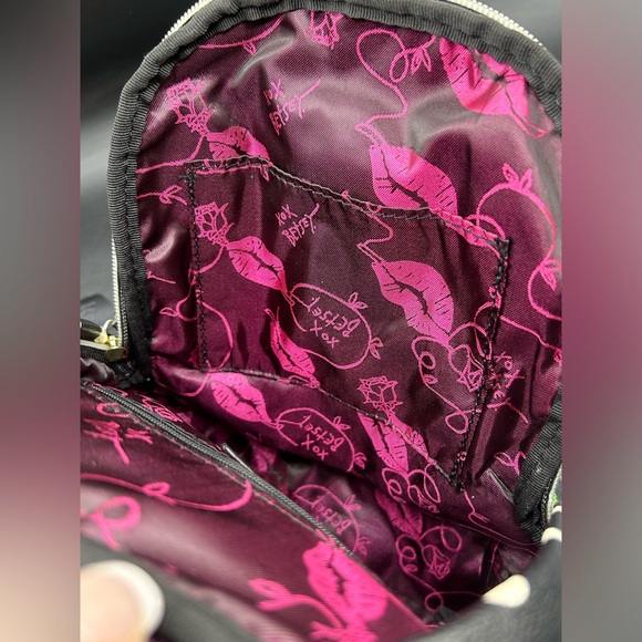 Betsy Johnson Polkadot Roses Leather Mini Backpack Black White Red - Picture 12 of 12